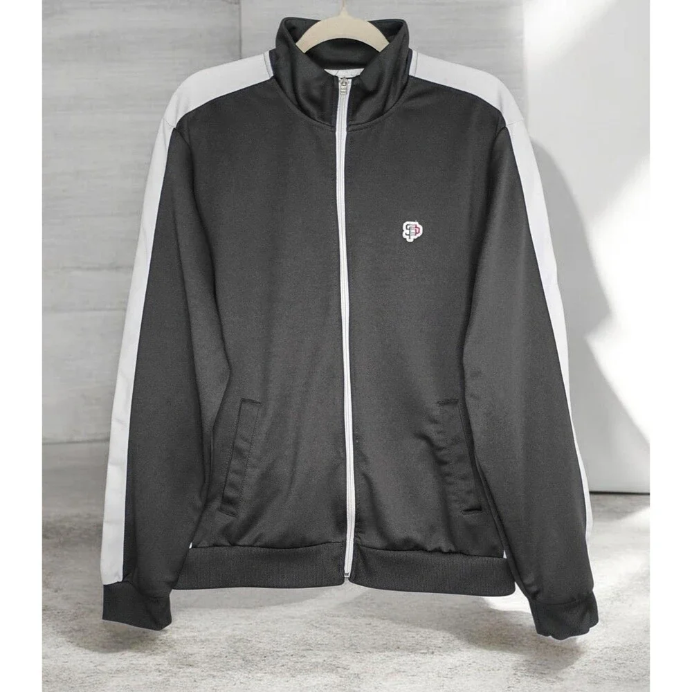 Y2K Southpole Activewear Jacket Men's Sz L Black/White Stripped Zip Front Sports